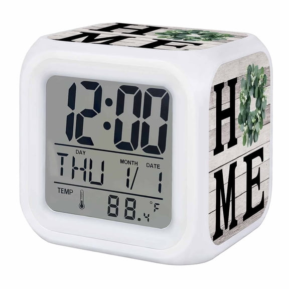 Eucalyptus Leaves Digital Alarm Clock for Bedrooms,Smart LED Alarm Clock with 7 Color Night Light,Rustic Botanical Plants Text Wood Grain Silent Wake Up Clocks for Sleep Study Cooking 3.2"x3.2"