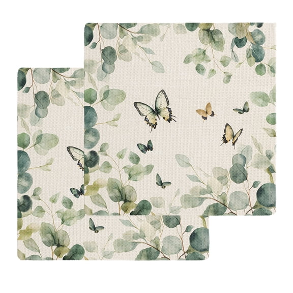 Eucalyptus Leaves Dish Towels Set,Waffle Weave Kitchen Towels 2PCS,Spring Summer Botanical Sage Green Rustic Microfiber Hair Face Bath Tea Towel Absorbent Quick Drying Cleaning Dish Cloths,12"x12"