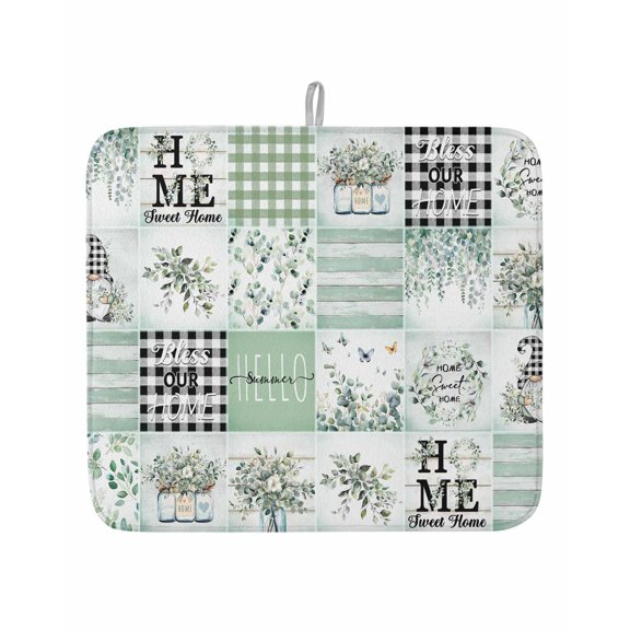 Eucalyptus Leaves Dwarf Home Quote Dish Drying Mats for Kitchen Counter,Absorbent Microfiber Dish Drainer Rack Mat Green Buffalo Plaid Drying Pad for Sinks,Utensils,Countertops,16x18in