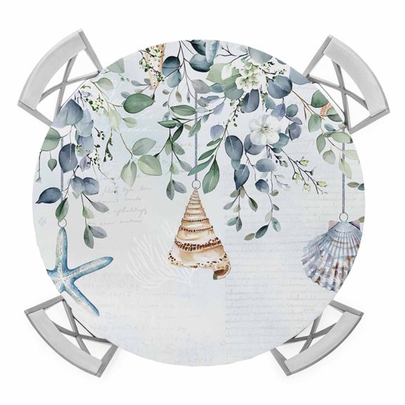 Eucalyptus Leaves Elastic Fitted Round Table Cover Shell Starfish Ocean Waterproof Outdoor Tablecloth for Holiday Party, Picnic, Patio & Dining Fits Tables Up to 55"-60"