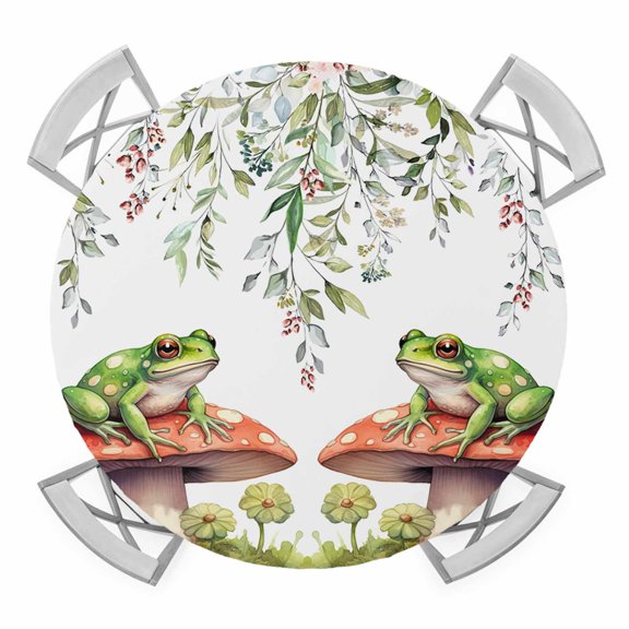 Eucalyptus Leaves Elastic Fitted Round Table Cover Spring Frog Mushrooms Watercolor Flowers Waterproof Outdoor Tablecloth for Holiday Party, Picnic, Patio & Dining Fits Tables Up to 36"-44"