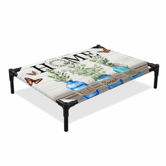 Eucalyptus Leaves Elevated Dog Bed, HOME Butterfly Bottle Cooling Breathable Outdoor Raised Dog Cot Bed with Metal Frame Non-Slip Feet for Medium Dog 24x20in