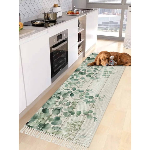 Eucalyptus Leaves Entryway Runner Rug 2x4ft,Spring Summer Botanical Watercolor Washable Woven Living Room Hallway Bedroom Kitchen Carpet with Tassels,Indoor Outdoor Throw Door Mat for Entryway