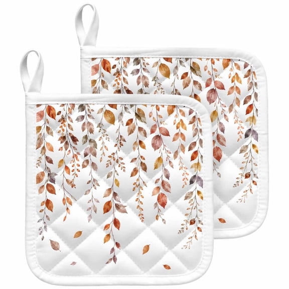 Eucalyptus Leaves Fall Pot Holders for Kitchen Heatproof Potholder, 2 Pack Thanksgiving Weep Leaf Botanical Hot Pads Multipurpose Oven Pads Terry Cloth Potholders Trivet for Cooking and Baking