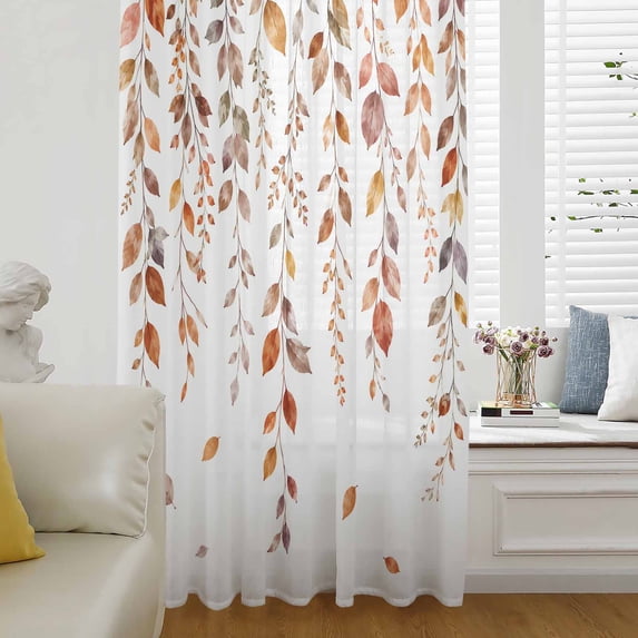 Eucalyptus Leaves Fall Sheer Curtains 63 Inch Length, Light Filtering Voile Curtain Panel, Thanksgiving Weep Leaf Botanical Rod Pocket Drapes Window Treatments for Living Room Bedroom 52"x63"
