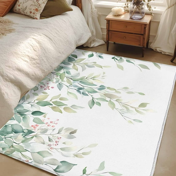 Eucalyptus Leaves Farmhouse 4x6 Area Rugs, Spring Botanical Non-Skid Rubber Backing Large Rectangle Rugs - Living Room Bedroom Home Office, Indoor Floor Mat Carpets Washable Rug