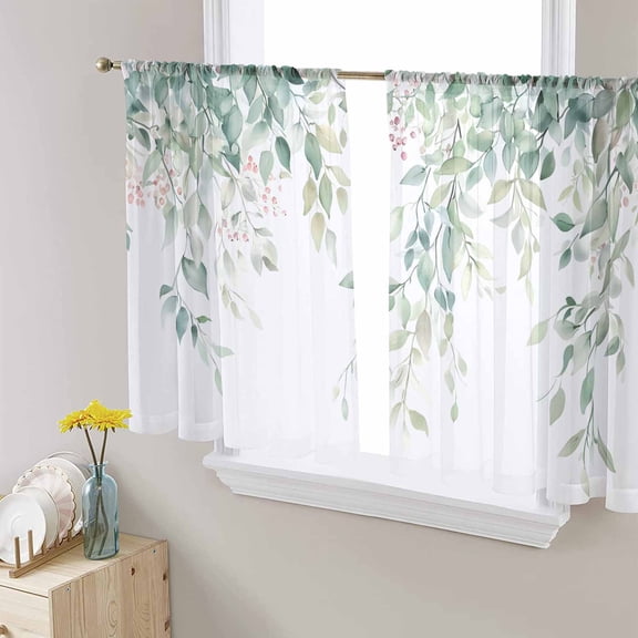 Eucalyptus Leaves Farmhouse Semi Sheer Window Curtains 45 Inches Long, Spring Botanical Rod Pocket Voile Silky Chiffon Curtain Treatment Drapes for Kitchen, Living Room, 52"x45", 2 Panels
