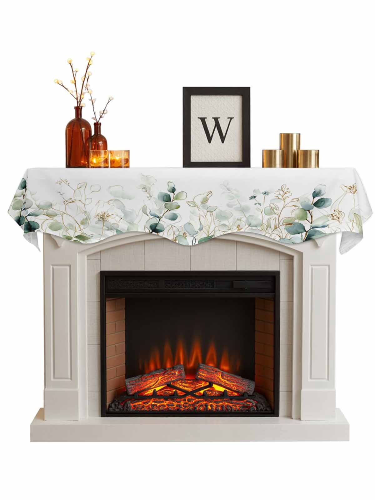 Eucalyptus Leaves Fireplace Mantle Scarf, Watercolor Sage Green Gold Branches Mantel Cover Table Runner for Home Living Room Door Window, Indoor Outdoor Holiday Party Decor 17" x 90"