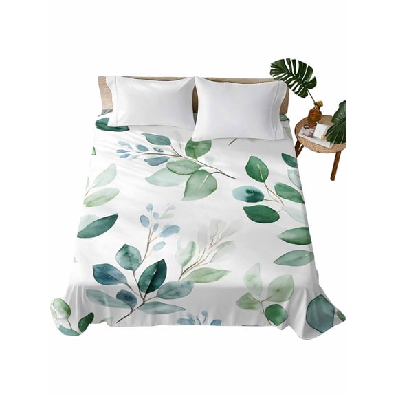 Eucalyptus Leaves Flat Sheet Only Twin Size, Soft Breathable Bed Top Sheets for Mattress, Spring Botanical Pastoral Green Luxury Bedding Flat Sheets for Home Hotel Bedroom Bed Protection
