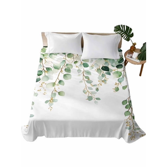 Eucalyptus Leaves Flat Sheet Only Twin Size, Soft Breathable Bed Top Sheets for Mattress, Teal Botanical Summer Watercolor Luxury Bedding Flat Sheets for Home Hotel Bedroom Bed Protection