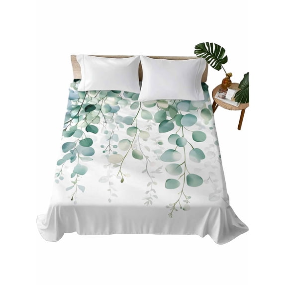 Eucalyptus Leaves Flat Sheets Only King Size, Soft Breathable Bed Top Sheets for Mattress, Green Botanical Summer Spring Leaves Luxury Bedding Flat Sheets for Home Hotel Bedroom Bed Protection