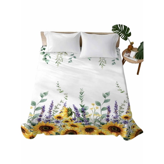 Eucalyptus Leaves Flat Sheets Only Queen Size, Soft Breathable Bed Top Sheets for Mattress, Yellow Sunflower Lavender Farmhouse Luxury Bedding Flat Sheets for Home Hotel Bedroom Bed Protection