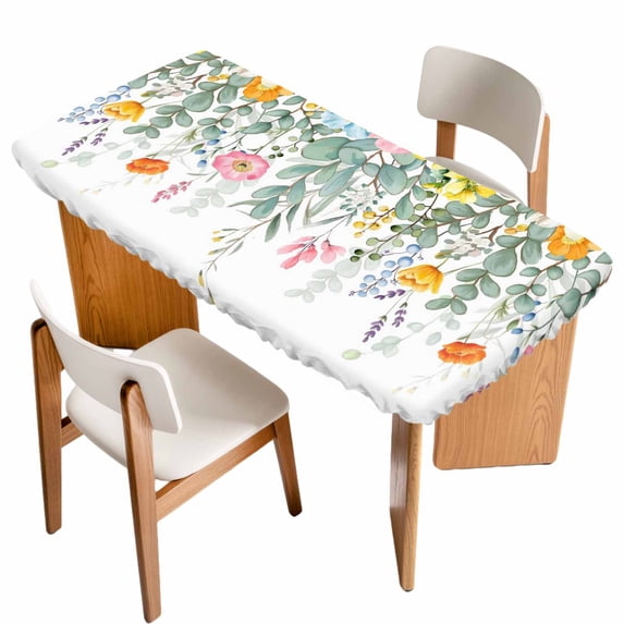 Eucalyptus Leaves Floral Table Cloths for 3 Foot Rectangle Tables, Spring Botanical Flowers Vines Patio Waterproof Elastic Fitted Tablecloths, Washable Rectangular Table Cover for Camping