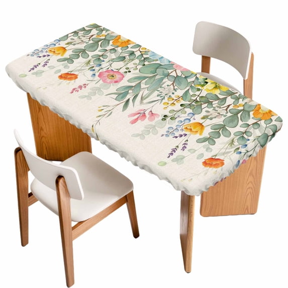 Eucalyptus Leaves Floral Table Cloths for 3 Foot Rectangle Tables, Spring Rustic Botanical Flowers Patio Waterproof Elastic Fitted Tablecloths, Washable Rectangular Table Cover for Camping