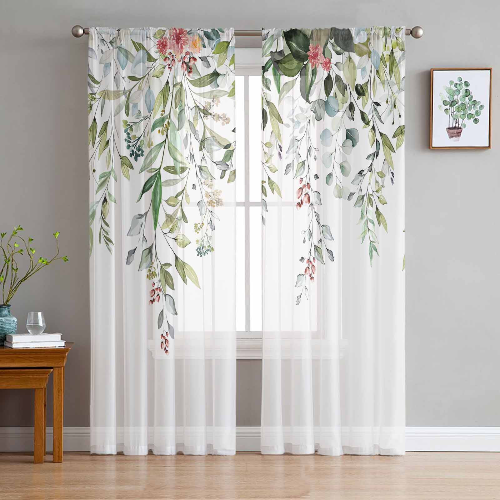 Eucalyptus Leaves Flowers Watercolor Tulle Curtains for Living Room ...