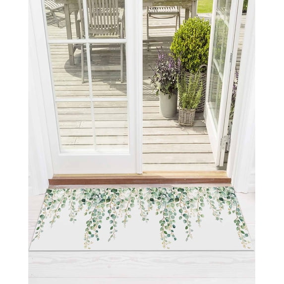 Eucalyptus Leaves Front Door Mat Watercolor Green Leaf Welcome Doormat Indoor Outdoor Entrance Floor Mat Non-Slip Washable Runner Rug for Front Porch Decor 24x71 Inch