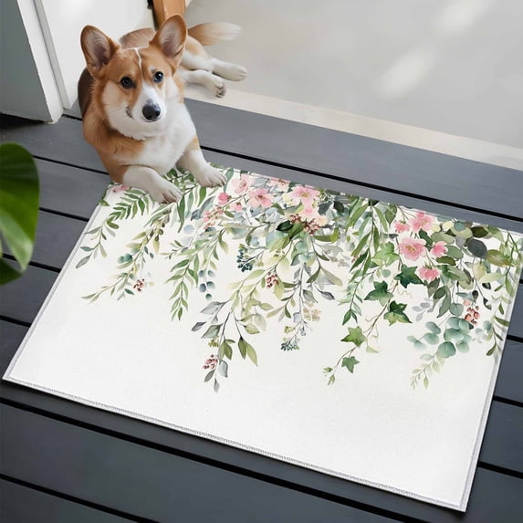 Eucalyptus Leaves Front Door Rugs 2x3 ft Watercolors Green Plant Leaf Pink Flowers Small Rug for Entryway Non Slip Washable Bathroom Door Mat Absorbent Floor Mat for Indoor Entrance