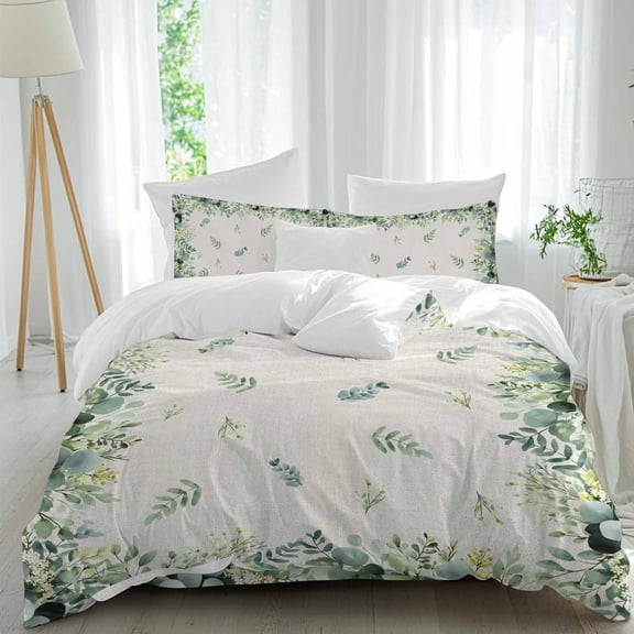 Eucalyptus Leaves Full Size Comforter Set, Green Leaf Vintage Background Plant Bedding for All Seasons, 4 Pcs Bed Set, 1Quiltcover (86"x86") ,1Sheet(80"x116"), 2Pillowcases (30"x20")