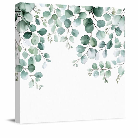 Eucalyptus Leaves Green Gradient Canvas Artwork Painting Art, Farm Foliage on White Square Framed Wall Decorations Prints Picture for Bedroom Kitchen Living Room, 8x8 in