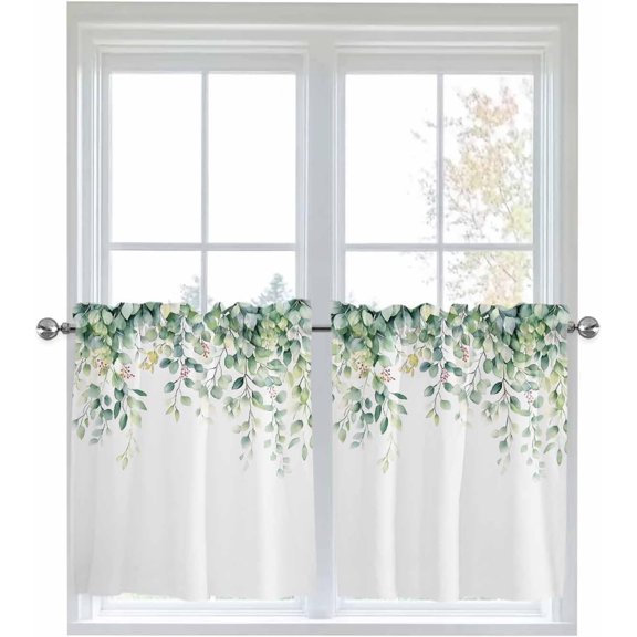 Eucalyptus Leaves Half Window Curtain 36 Inches Long, Spring Summer Botanical Window Treatment Curtain Drapes, Watercolor Small Tier Curtains for Bathroom Over Sink, 27.5"x36", 2 Panels