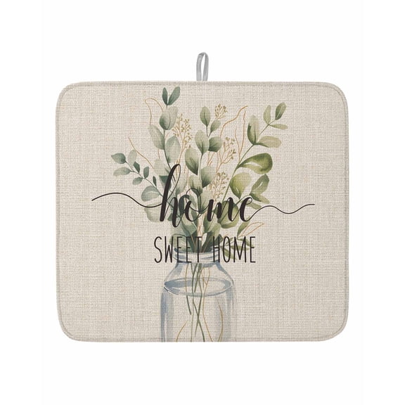 Eucalyptus Leaves and Home Quote Dish Drying Mats for Kitchen Counter,Absorbent Microfiber Dish Drainer Rack Mat Botanical Branch on Burlap Cotton Drying Pad for Sinks,Utensils,Countertops,16x18in