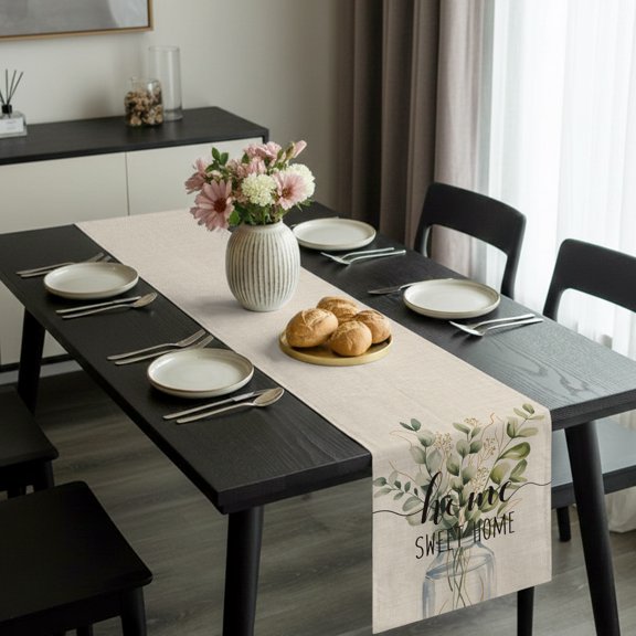 Eucalyptus Leaves and Home Quote Table Runner 36 Inches Long,Kitchen Dining Tablerunners Botanical Branch on Burlap Cotton Linen Table Runners Dresser Scarves for Home Dinner Wedding Holiday Party