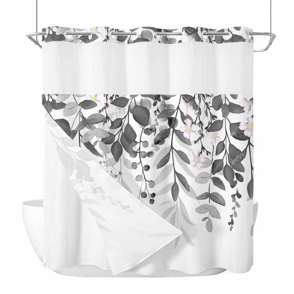 Eucalyptus Leaves No Hook Shower Curtain with Snap in Liner Gray Leaves Idyllic Winds Farmhouses Waterproof Bathroom Shower Curtain with See Through Top Window for Bathtub 72" x 72"