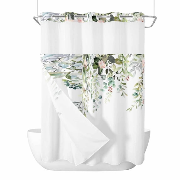 Eucalyptus Leaves No Hook Shower Curtain with Snap in Liner Green Leaf Pink Flower Spring Watercolor Waterproof Bathroom Shower Curtain with See Through Top Window for Bathtub 72" x 84"