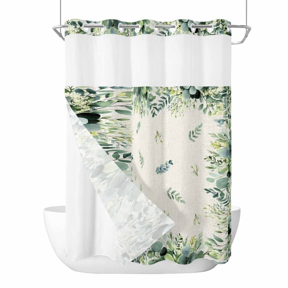 Eucalyptus Leaves No Hooks Shower Curtain with Snap-in Liner Green Leaf Vintage Background Plant Shower Curtains for Bathroom, Waterproof, Easy Install, Washable 72"x84"
