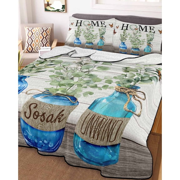 Eucalyptus Leaves King Size Down Alternative Comforter, Lightweight Comforter Quilt Bedding Set with Pillow Shams Home Summer Botanical Vintage All Seasons Bed Comforter Duvet Insert 96"x106"