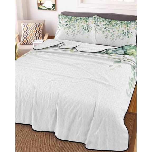 Eucalyptus Leaves King Size Down Alternative Comforter, Lightweight Comforter Quilt Bedding Set with Pillow Shams Summer Botanical Spring Green All Seasons Bed Comforter Duvet Insert 96"x106"