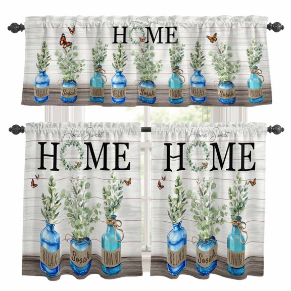 Eucalyptus Leaves Kitchen Curtains, Kitchen Curtains and Valances Set of 3, Home Summer Botanical Vintage Light Filtering Tailored Tier Curtain 36 Inch Length Drapes for RV Cafe Bathroom Bedroom
