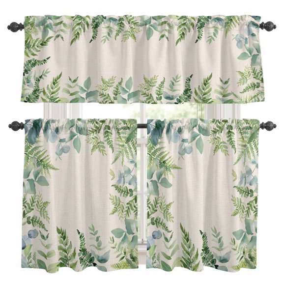 Eucalyptus Leaves Kitchen Curtains, Kitchen Curtains and Valances Set of 3, Rustic Sage Green Botanical Burlap Light Filtering Tailored Tier Curtain 24 Inch Length Drapes for Cafe Sink Bedroom