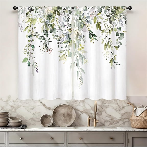 Eucalyptus Leaves Kitchen Curtains Rod Pocket Watercolor Sage Green Leaf on The Top Floral Small Short Cafe Tier Curtains Plant Window Drape Treatment Home Decor(27.5W X 39L Inch 2 Panels)