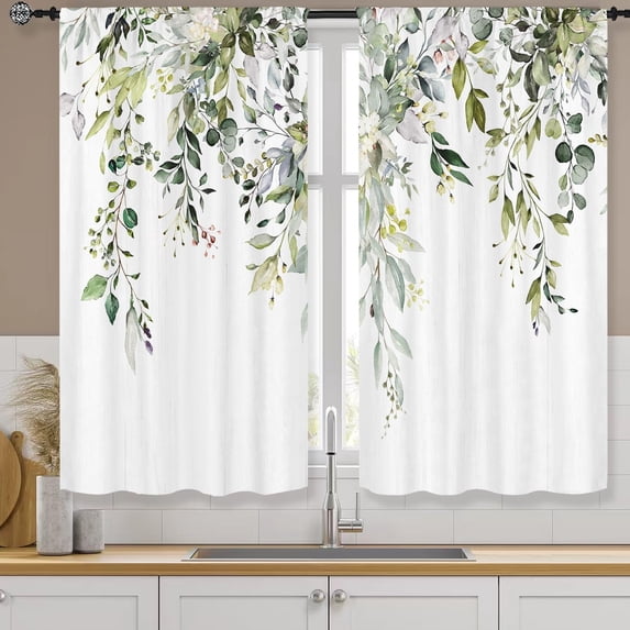 Eucalyptus Leaves Kitchen Curtains Rod Pocket Watercolor Sage Green Leaf on The Top Floral Small Short Cafe Tier Curtains Plant Window Drape Treatment Home Decor(27.5W X 39L Inch 2 Panels)