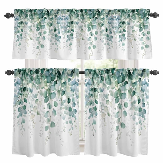 Eucalyptus Leaves Kitchen Curtains Sets for Windows 24 Inch Length, Green Botanical Summer Spring Leaves Rod Pocket Window Treatments Tier Curtains and Valances Set for Bedroom/Bathroom