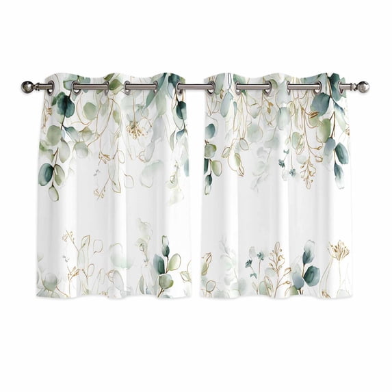Eucalyptus Leaves Kitchen Curtains Short 45 Inch Length, Watercolor Sage Green Golden Floral Grommet Top Bedroom Living Room Curtains, Light Filtering Cafe Curtain Drapes 2 Panels Set 84''x45''
