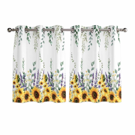 Eucalyptus Leaves Kitchen Curtains Short 45 Inch Length, Yellow Sunflower Lavender Farmhouse Grommet Top Bedroom Living Room Curtains, Light Filtering Cafe Curtain Drapes 2 Panels Set 84''x45''