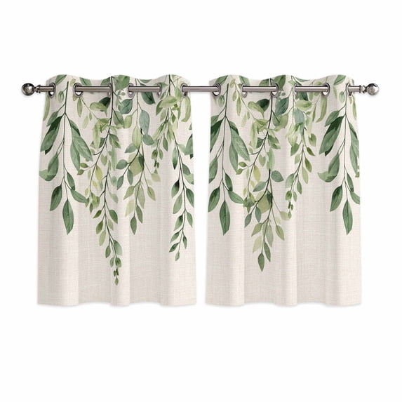 Eucalyptus Leaves Kitchen Curtains Short 54 Inch Length, Sage Green Spring Botanical Rustic Grommet Top Bedroom Living Room Curtains, Light Filtering Cafe Curtain Drapes 2 Panels Set 84''x54''