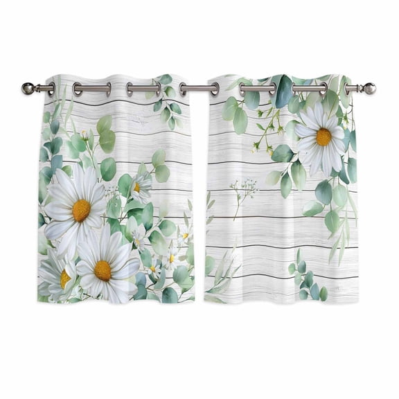 Eucalyptus Leaves Kitchen Curtains Window Panels, Daisy Spring Floral Botanical Wooden Insulated Window Treatment Curtain, Grommet Curtains for Bedroom/Living Room/Bathroom, 2 Piece 52"Wx45"L