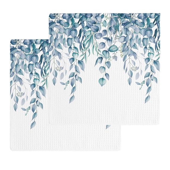 Eucalyptus Leaves Kitchen Dish Towels for Drying Dishes Set of 2, Light Blue Summer Botanical Weeping Waffle Weave Microfiber Hand Tea Bathroom Towels Quick Dry & Absorbent Towel 12x12