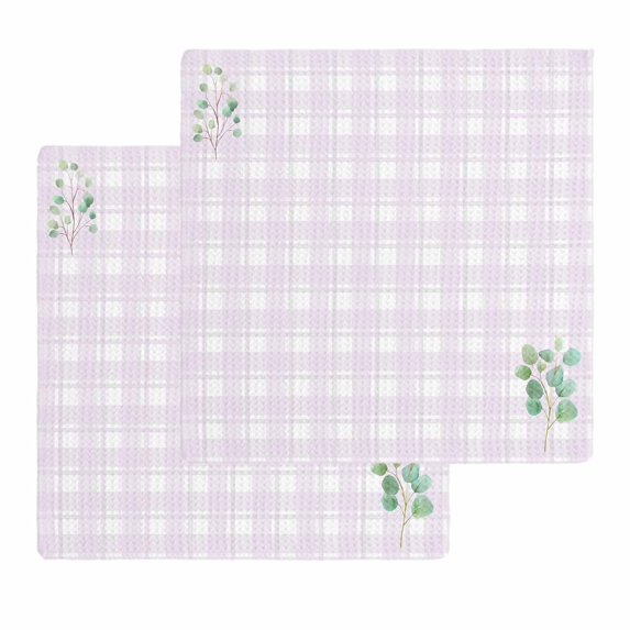 Eucalyptus Leaves Kitchen Dish Towels for Drying Dishes Set of 2, Pink Plaid Summer Botanical Waffle Weave Microfiber Hand Tea Bathroom Towels Quick Dry & Absorbent Towel 12x12