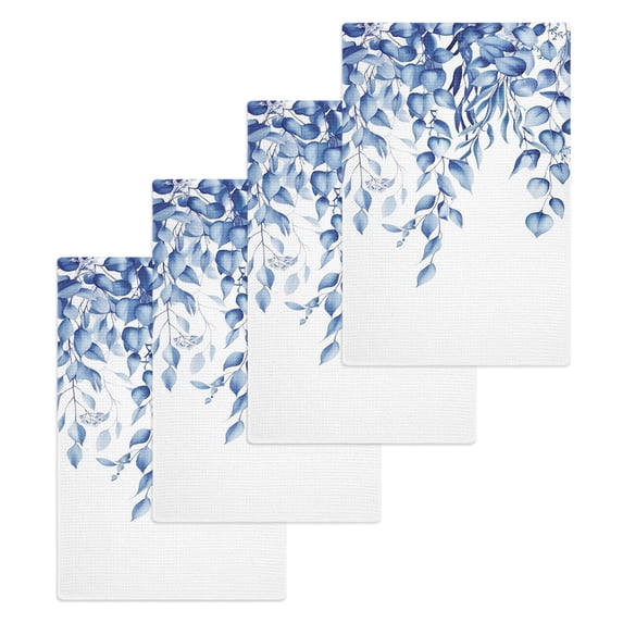 Eucalyptus Leaves Kitchen Dish Towels for Drying Dishes Set of 4, Navy Blue Summer Botanical Weeping Waffle Weave Microfiber Hand Tea Bathroom Towels Quick Dry & Absorbent Towel 15.7x23.6