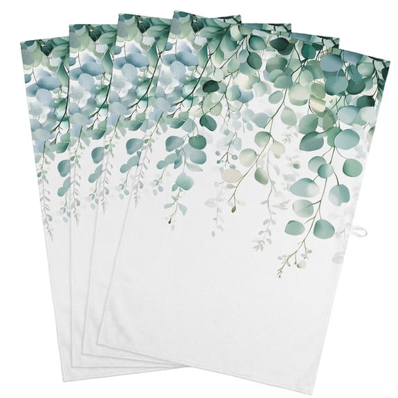 Eucalyptus Leaves Kitchen Towels, Absorbent Microfiber Kitchen Dish Hand Tea Bath Towel, Green Botanical Summer Spring Leaves Quick Dry Cleaning Cloth Dishclothes Decorative Sets, (4-PC, 18x28)