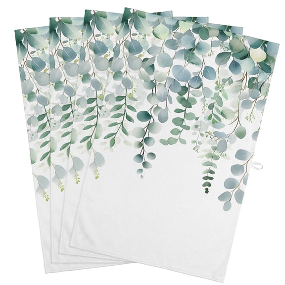 Eucalyptus Leaves Kitchen Towels, Absorbent Microfiber Kitchen Dish Hand Tea Bath Towel, Teal Botanical Summer Weeping Quick Dry Cleaning Cloth Dishclothes Decorative Sets, (4-PC, 18x28)