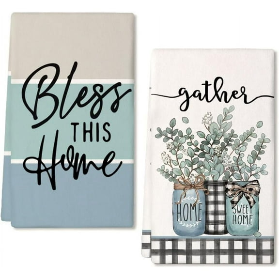 Eucalyptus Leaves Kitchen Towels Dish Towels Set of 2,Green Bless This Home Hand Towels 18x26 Inch Drying Dishcloth,Farmhouse Home Seasonal Holiday Summer Decorations