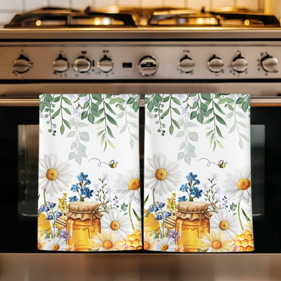 Eucalyptus Leaves Kitchen Towels Set of 4, Daisy Flower Spring Watercolor Country Floral Bee Absorbent Dish Towels for Kitchen, Microfiber Hand Towel, Quick Drying Tea Towel Decorative Dishcloths