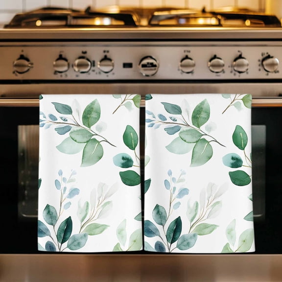Eucalyptus Leaves Kitchen Towels Set of 4, Spring Botanical Pastoral Green Absorbent Dish Towels for Kitchen, Microfiber Hand Towel, Quick Drying Tea Towel for Cleaning Decorative Dishcloths