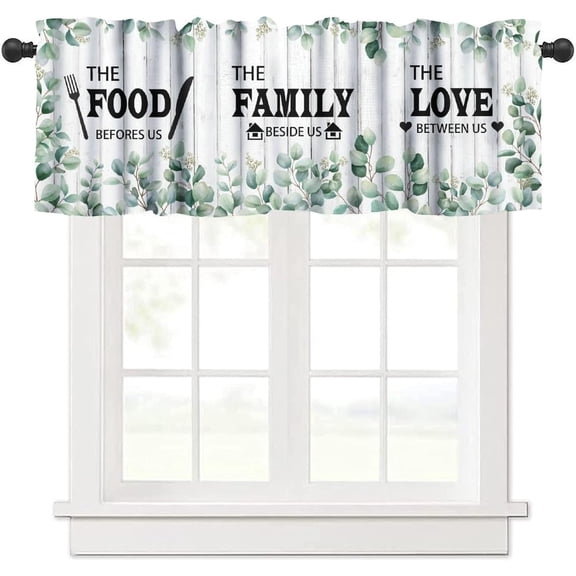 Eucalyptus Leaves Kitchen Valance, Rustic Wooden Board Watercolor Leaf Plants Floral Botanical Food Family Love Window Curtain for Home Diningroom Cafe, 54x18inch