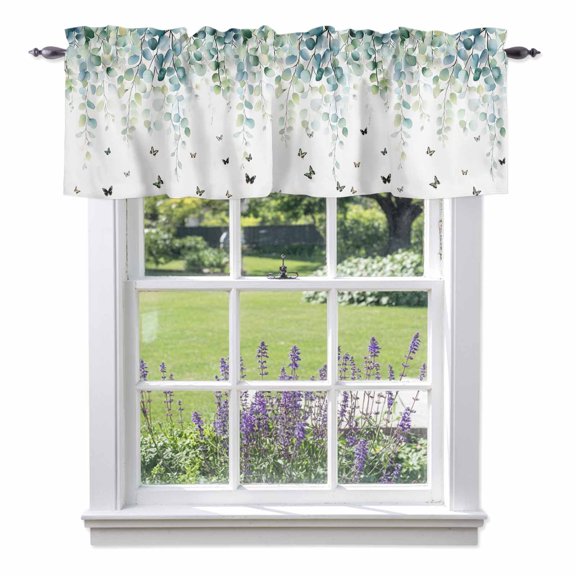 Eucalyptus Leaves Kitchen Valances, Green Leaf Butterfly Botanical Rod Pocket Window Valance 18 Inch Long, Window Curtain Panels for Living Room Bedroom Laundry, 54x18in